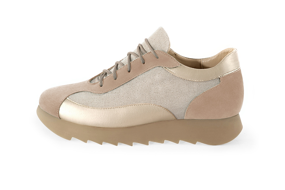 Tan beige and gold women's elegant sneakers. Round toe. Low rubber soles. Profile view - Florence KOOIJMAN